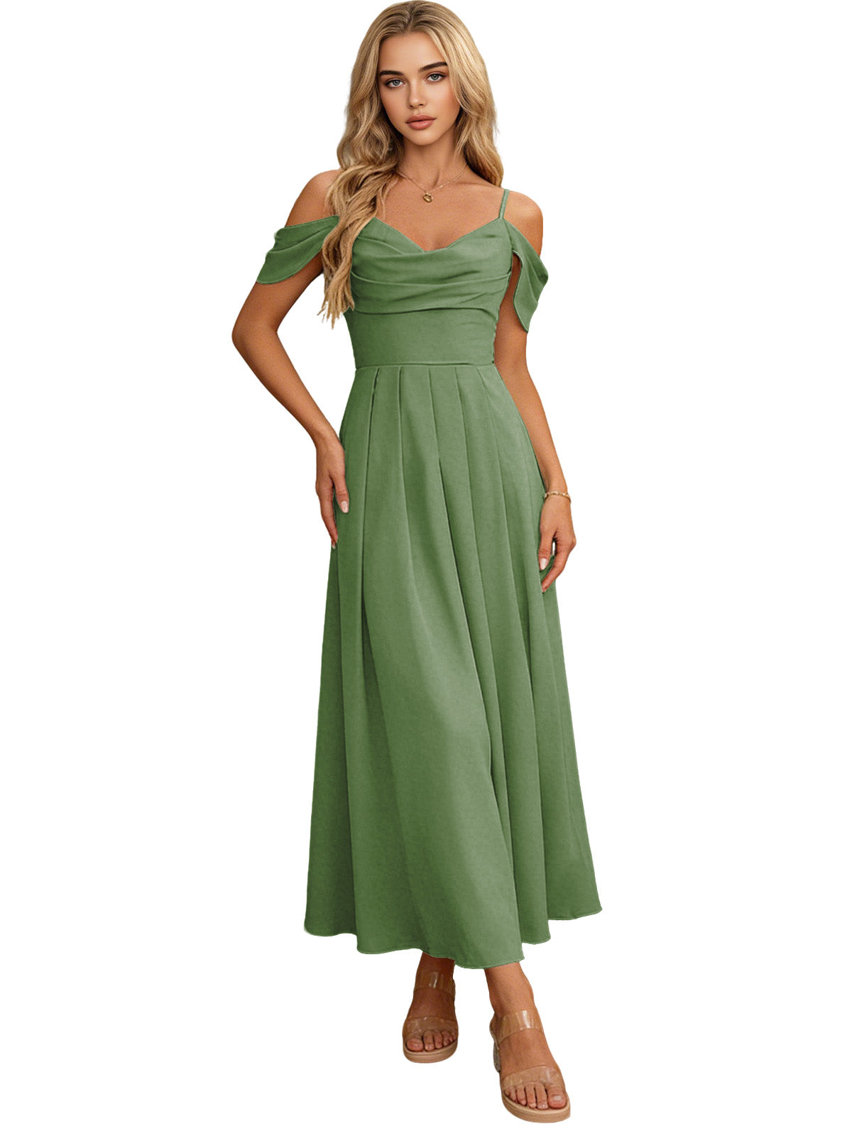 Off Shoulder Midi Bridesmaid Dress with Pleated Bodice and Flowing dress
