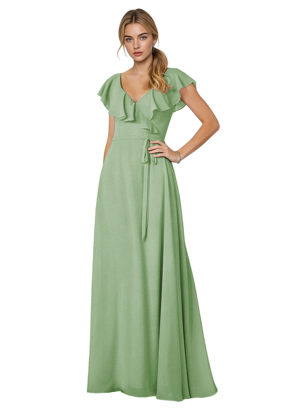 Tie Neck Chiffon Bridesmaid Dress with Flutter Sleeves