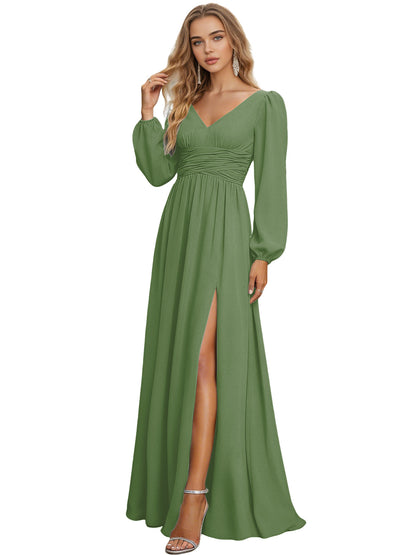 Long Sleeve V-Neck Chiffon Bridesmaid Dress with Front Slit