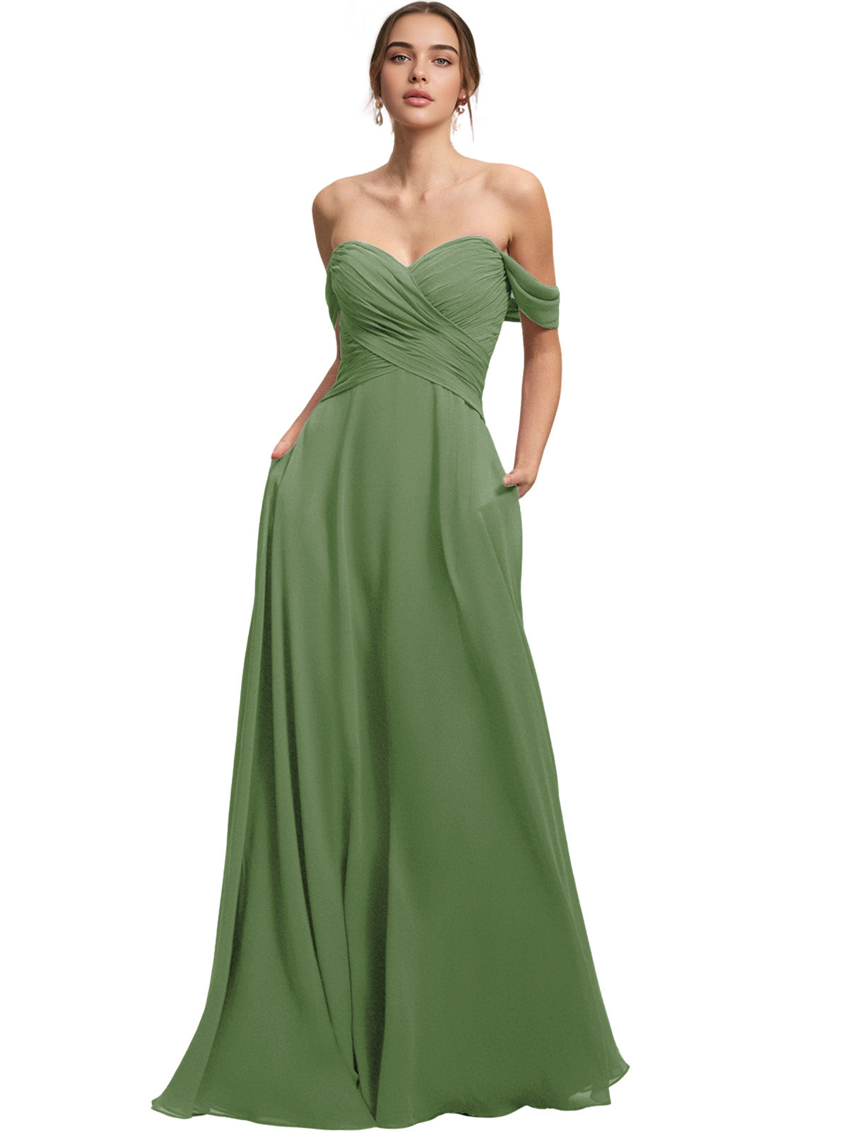 Off Shoulder Chiffon Bridesmaid Dress with Draped Bodice and A-Line Dress