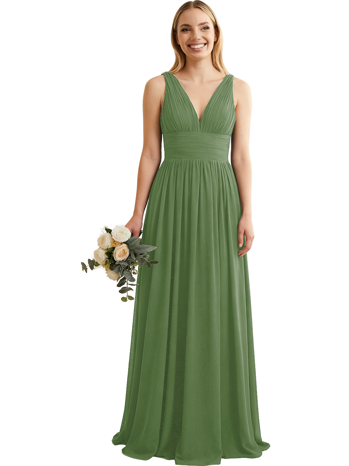 Deep V-Neck Chiffon Bridesmaid Dress with Pleated Waist