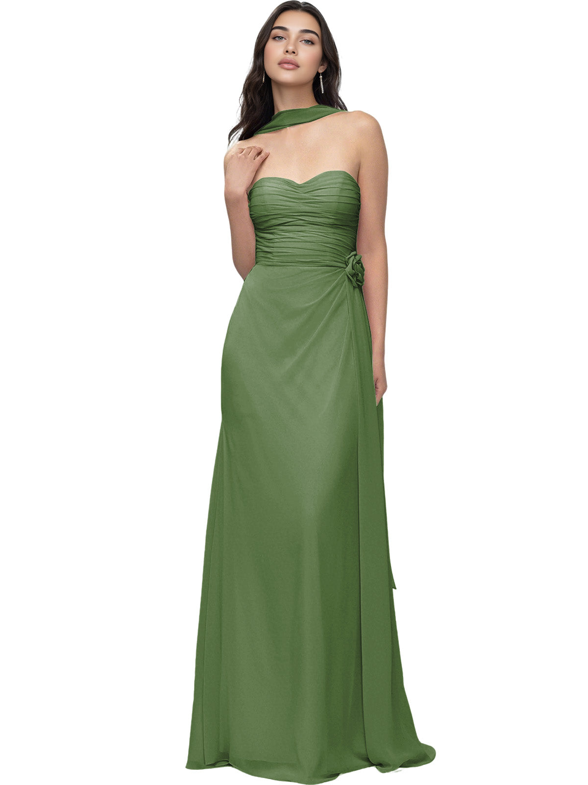 Strapless Chiffon Bridesmaid Dress with Wrapped Bodice and Slit Dress