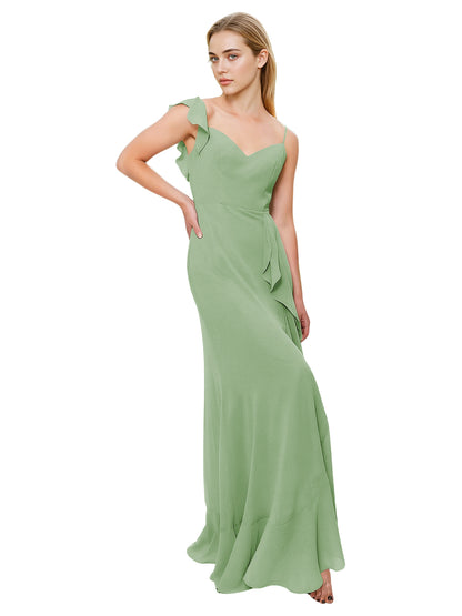 V-Neck Ruffle Strap Bridesmaid Dress with Cascading Chiffon Dress