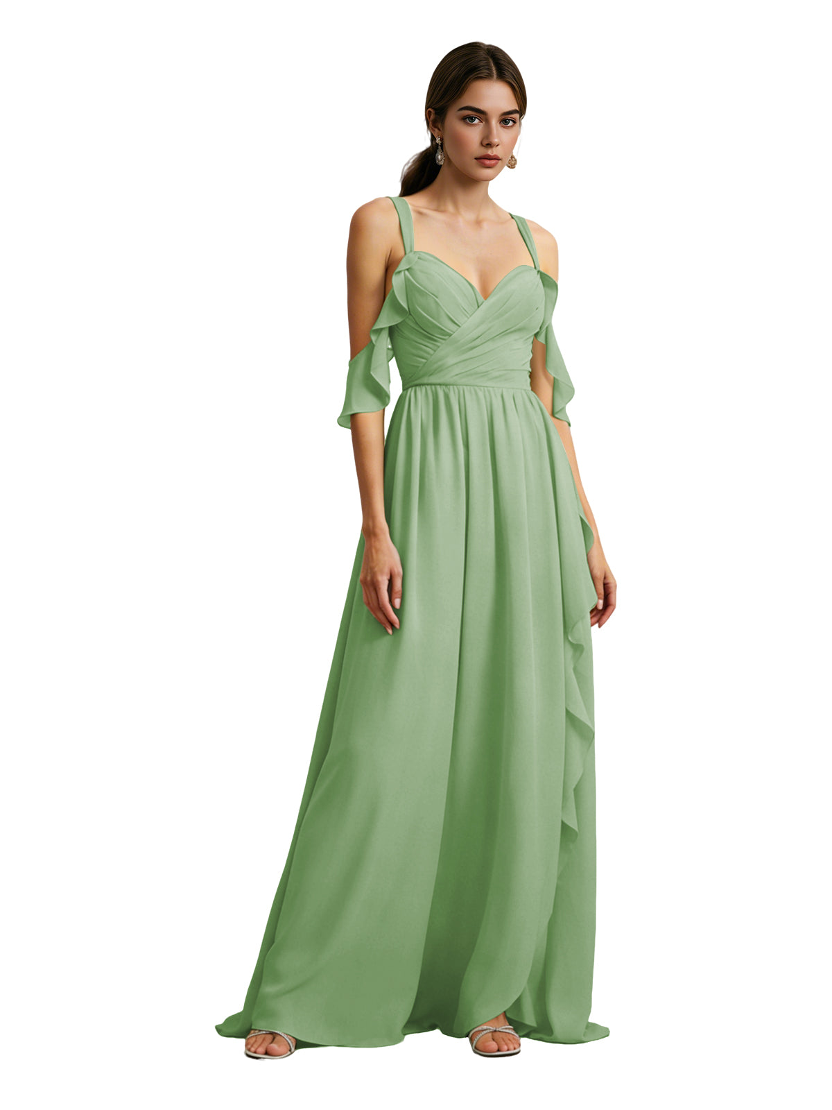 Cold Shoulder Chiffon Bridesmaid Dress with Draped V-Neck Bodice