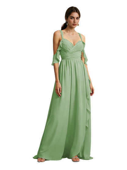 Cold Shoulder Chiffon Bridesmaid Dress with Draped V-Neck Bodice