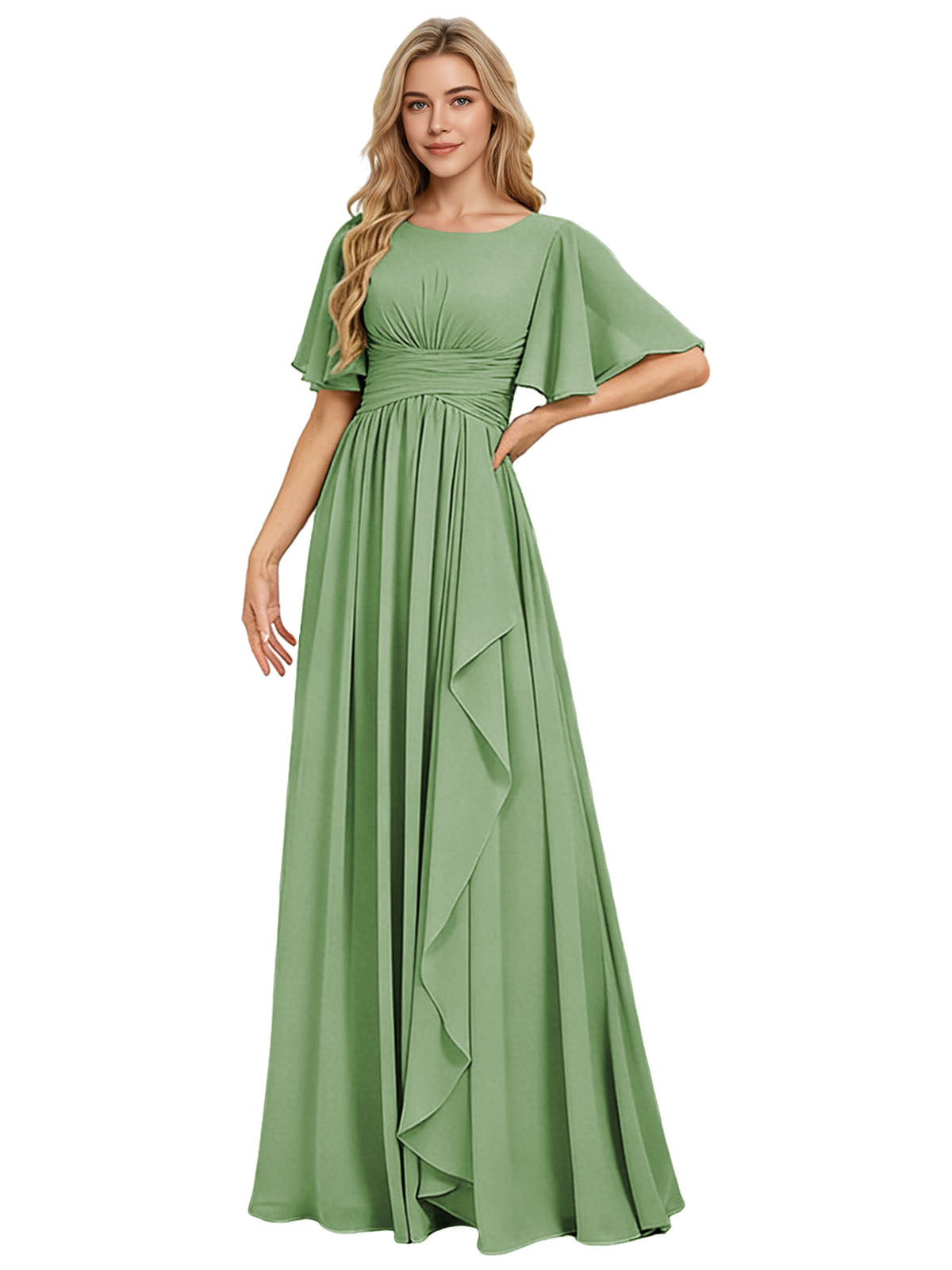 Flutter Sleeve Chiffon Bridesmaid Dress with Tiered Front Ruffle