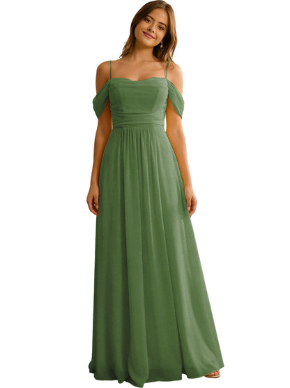Off Shoulder Chiffon Bridesmaid Dress with Soft Pleated Bodice