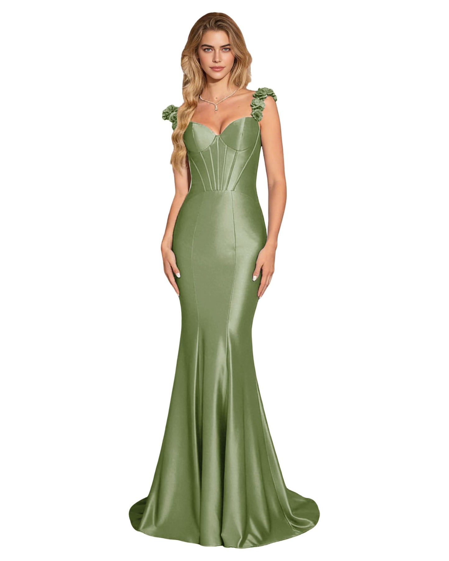 Floral Strap Satin Mermaid Prom Dress with Corset Bodice and Sweep Train