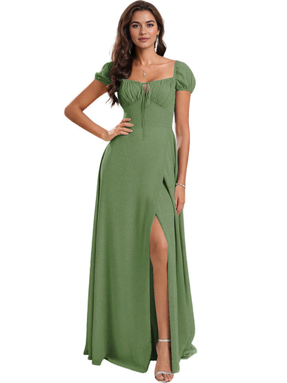 Ruched Short Sleeve Chiffon Bridesmaid Dress with Side Slit