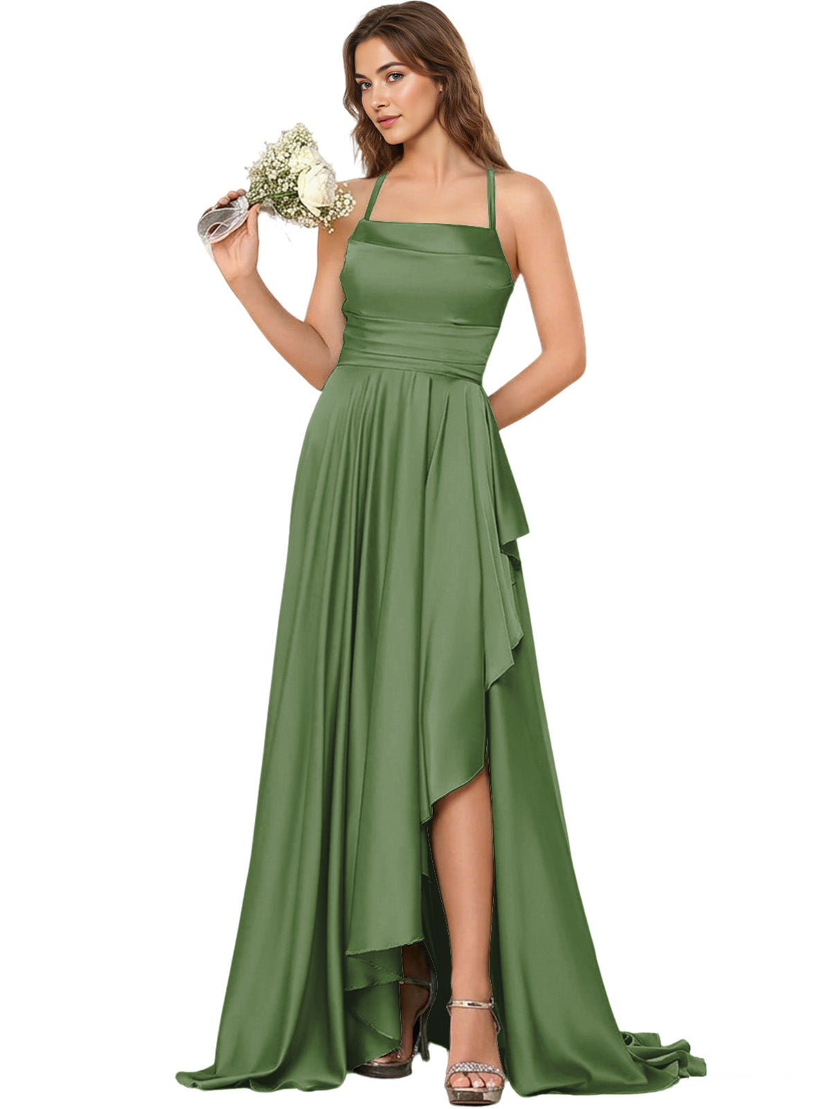 Open Back Halter Bridesmaid Dress with High Low Overlay dress