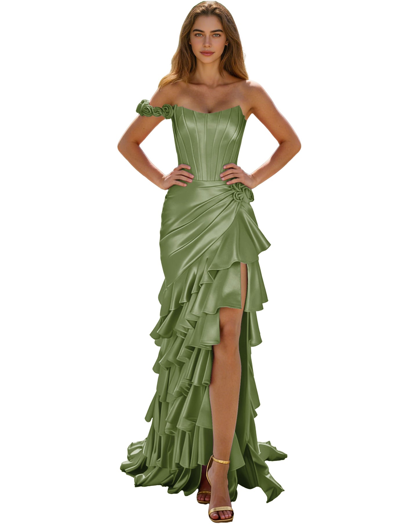 Off Shoulder Ruffle High Low Prom Dress with Tiered dress and Corset Waist