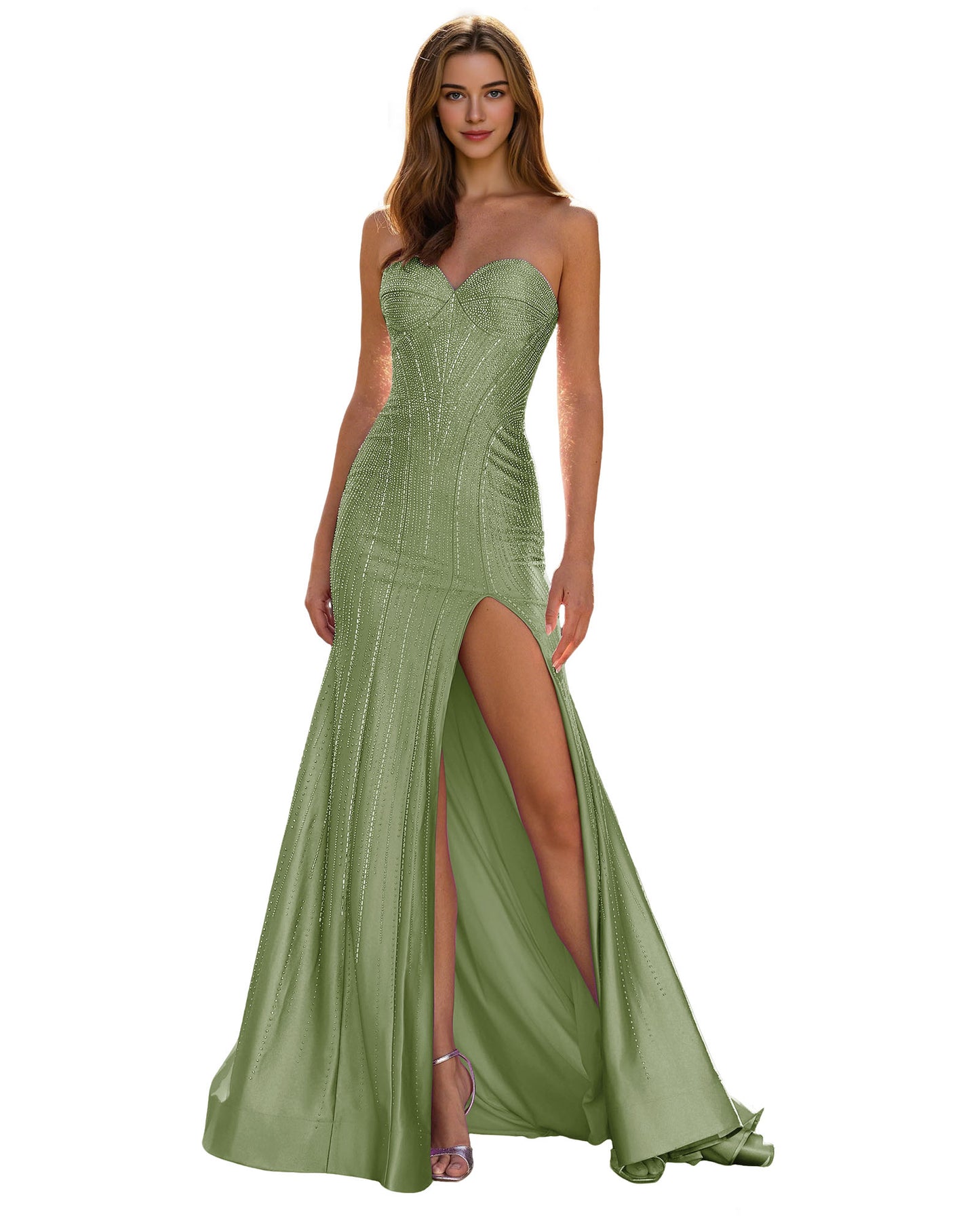 Strapless Sequin Column Prom Dress with Side Slit and Sweep Train