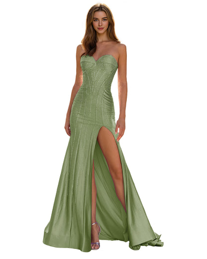 Strapless Sequin Column Prom Dress with Side Slit and Sweep Train