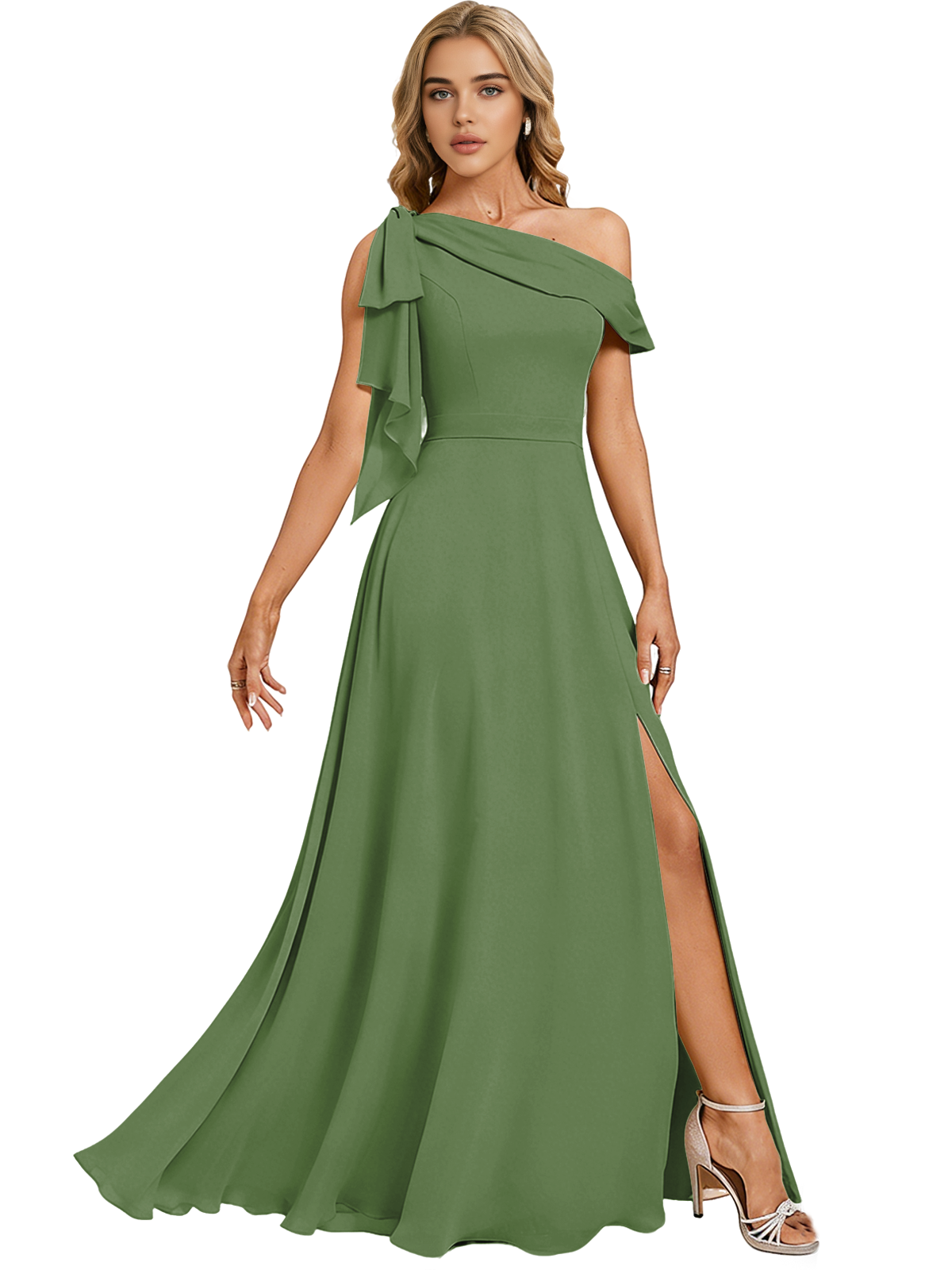 Asymmetric Off Shoulder Bridesmaid Dress with Draped Sleeve and Slit