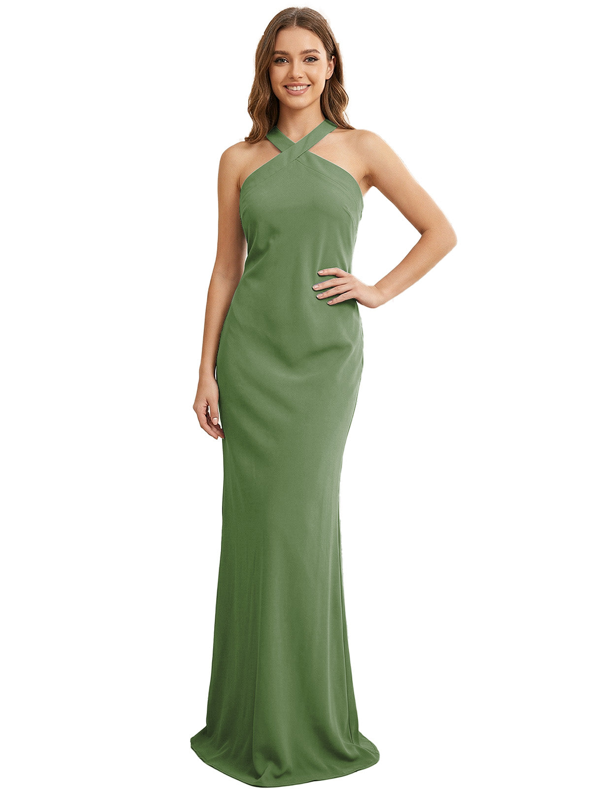 High Neck Halter Bridesmaid Dress with Sleek Column Silhouette