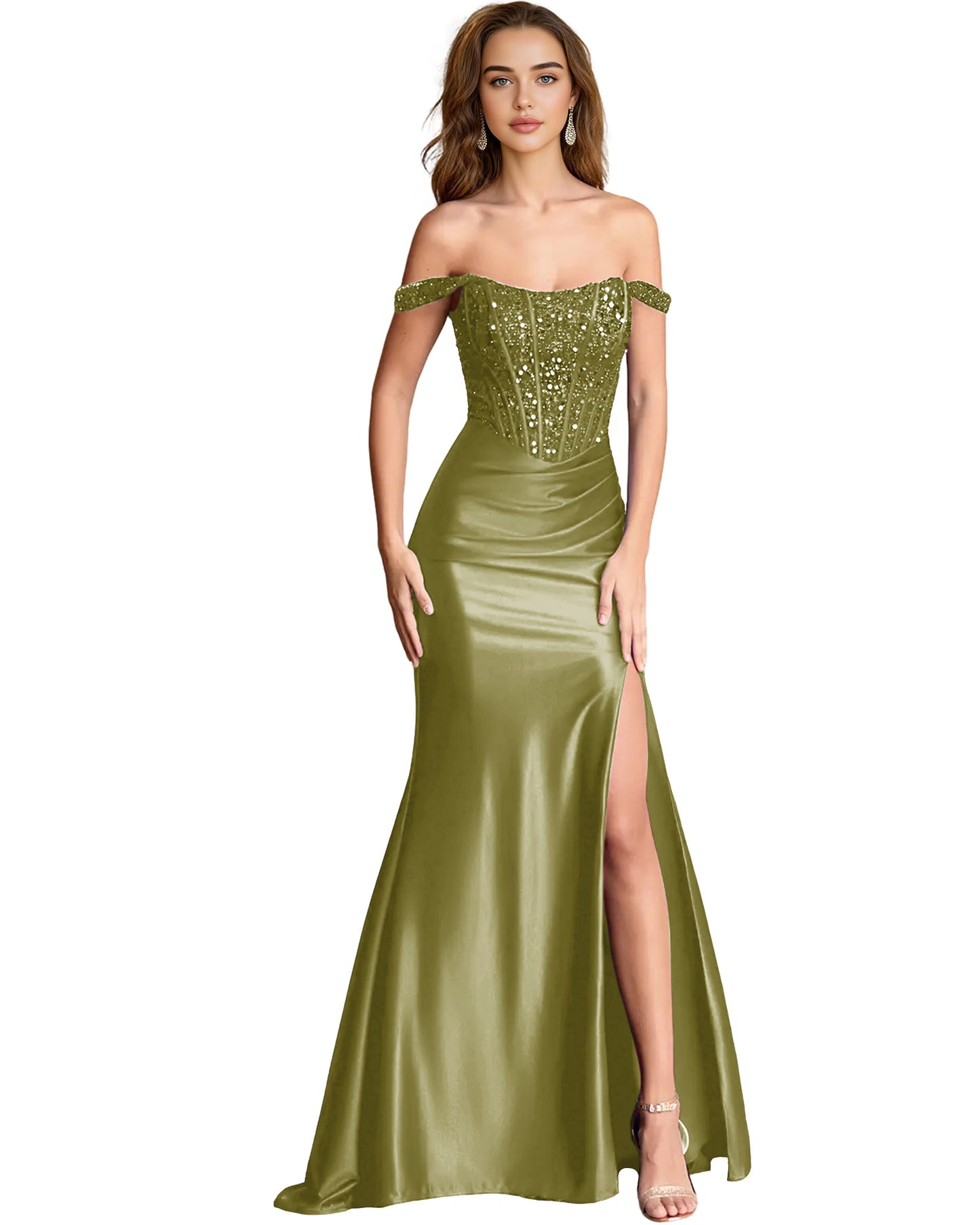 Off Shoulder Sequin Satin Mermaid Dress with Draped dress Slit