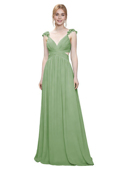 Ruffle Strap V-Neck Tulle Bridesmaid Dress with Pleated Waist