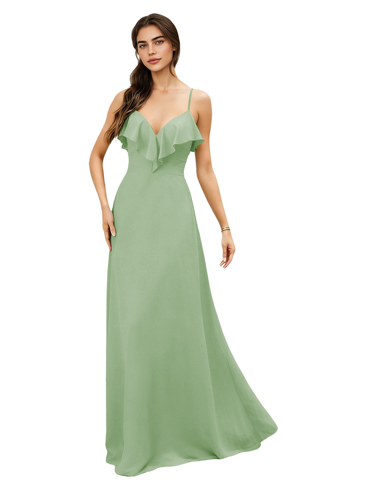 Ruffle V-Neck Chiffon Bridesmaid Dress with Spaghetti Straps