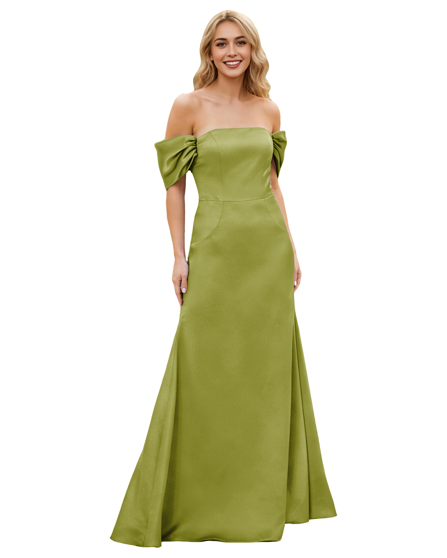 Off Shoulder Satin Bridesmaid Dress with Foldover Neckline and Trumpet Dress