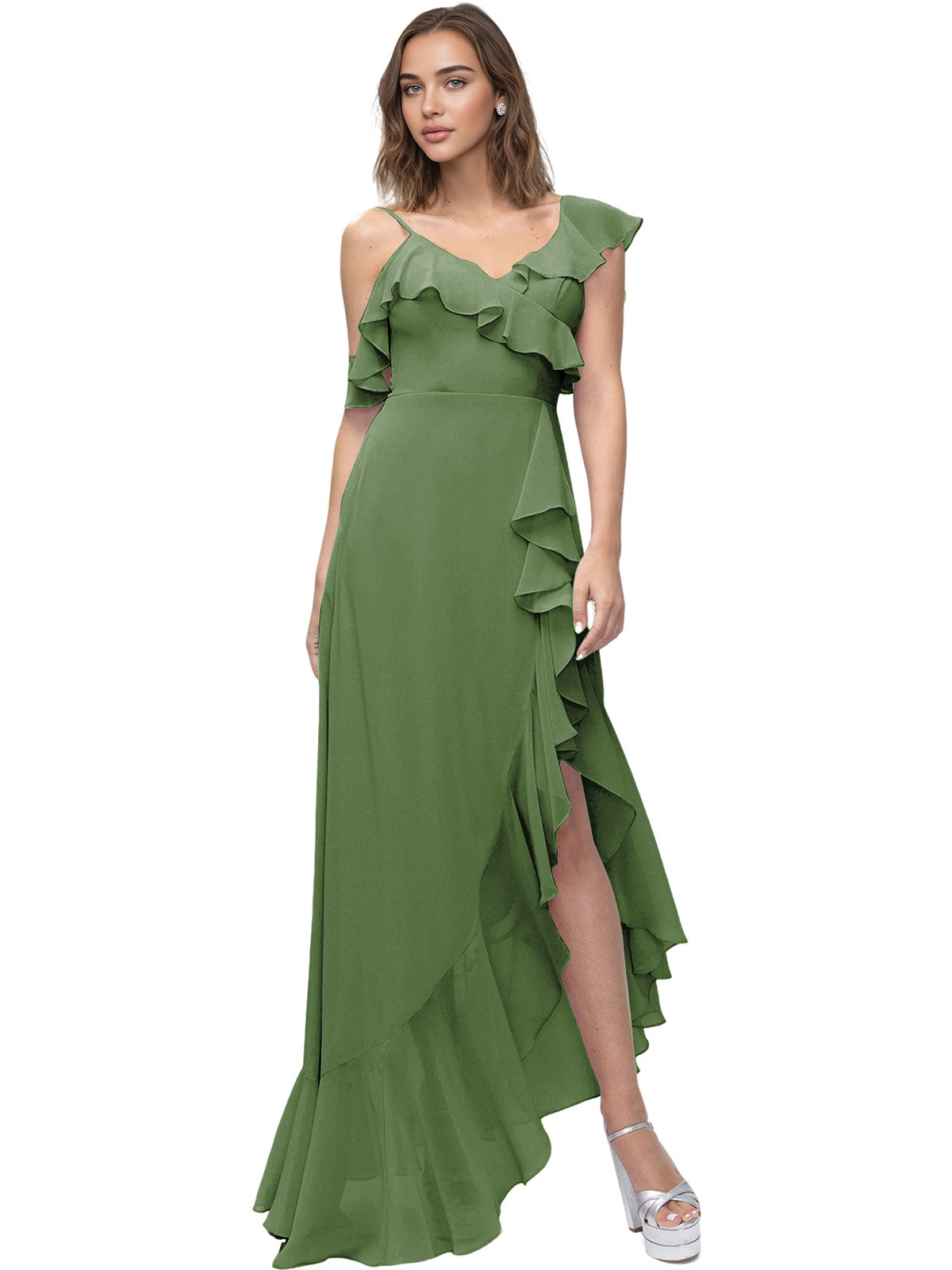 Asymmetrical Ruffle Chiffon Bridesmaid Dress with High Low Slit