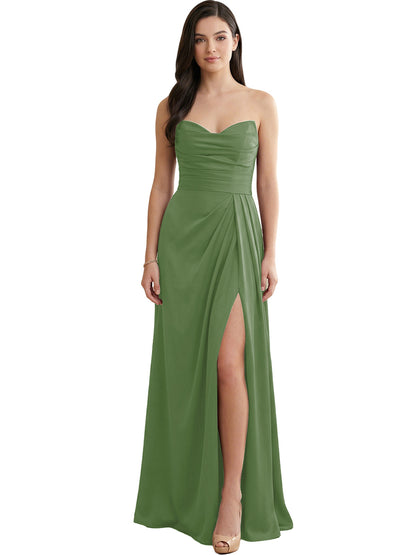 Strapless Pleated Satin Bridesmaid Dress with Side Slit