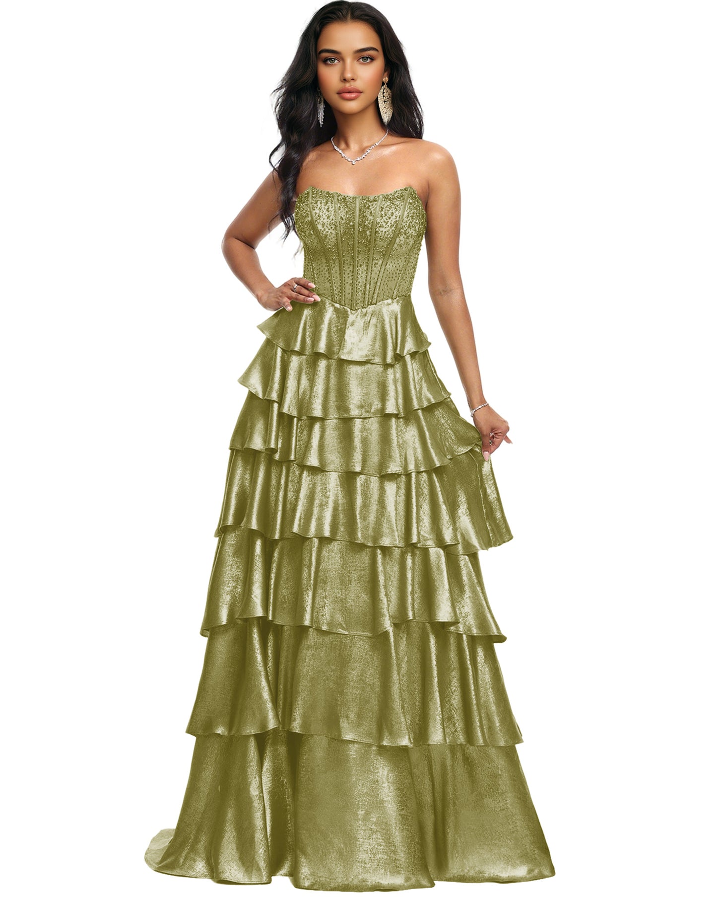 Strapless Tiered Sequin A-Line Prom Dress with Ruffle Layers