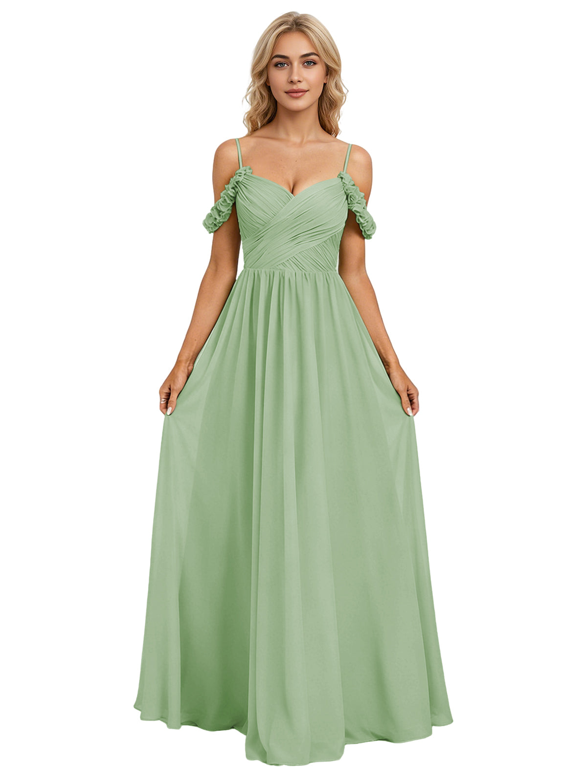 Off Shoulder Lace Applique Bridesmaid Dress with Flowing Chiffon dress