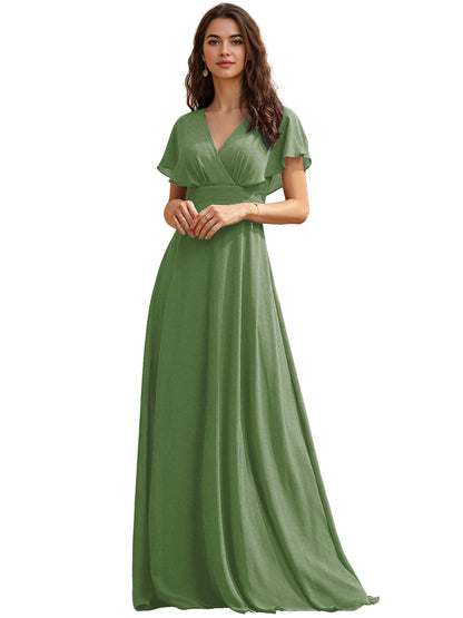 Flutter Sleeve V-Neck Chiffon Bridesmaid Dress with Flowing dress