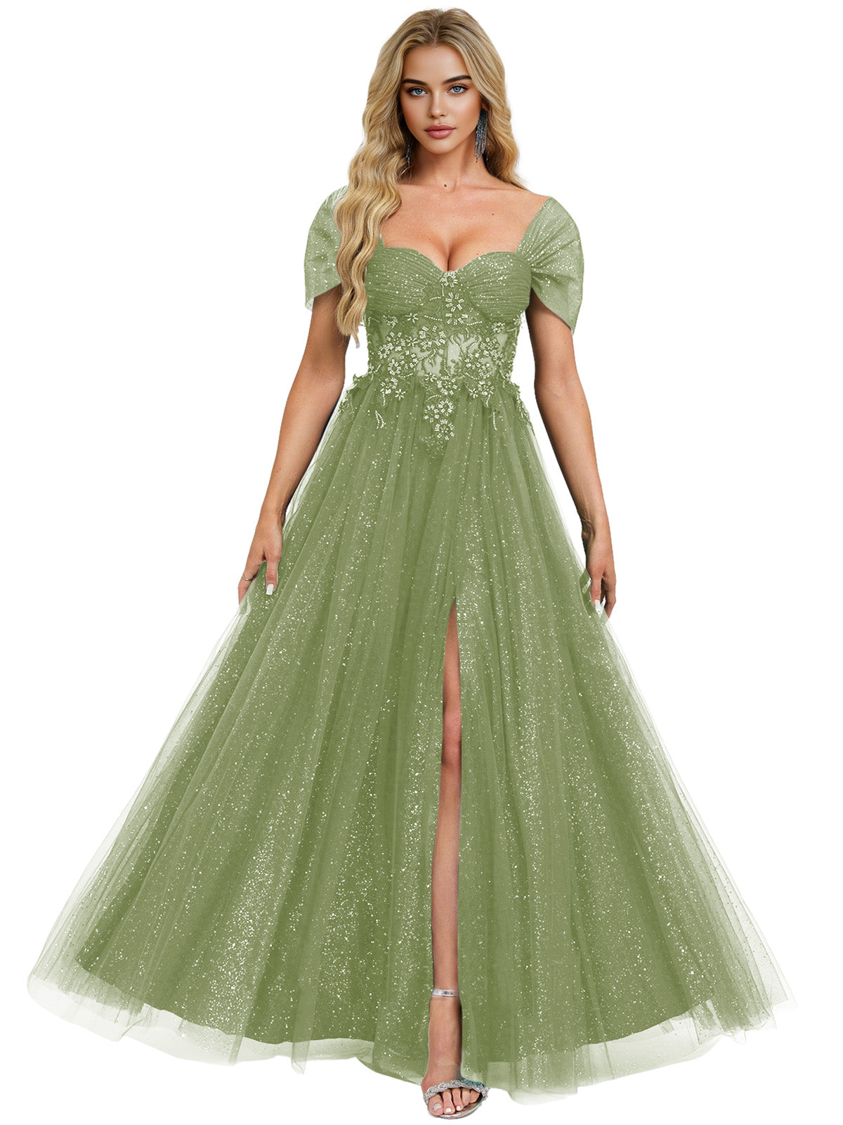 Short Sleeve Glitter Tulle Prom Dress with Illusion Bodice and Slit