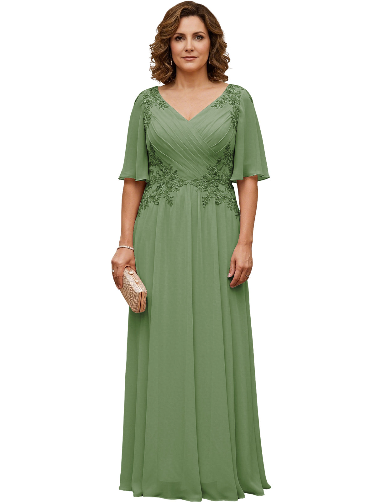 Mother of the Bride Dress Long Chiffon A-Line Gown with Flutter Sleeves and Beaded Lace