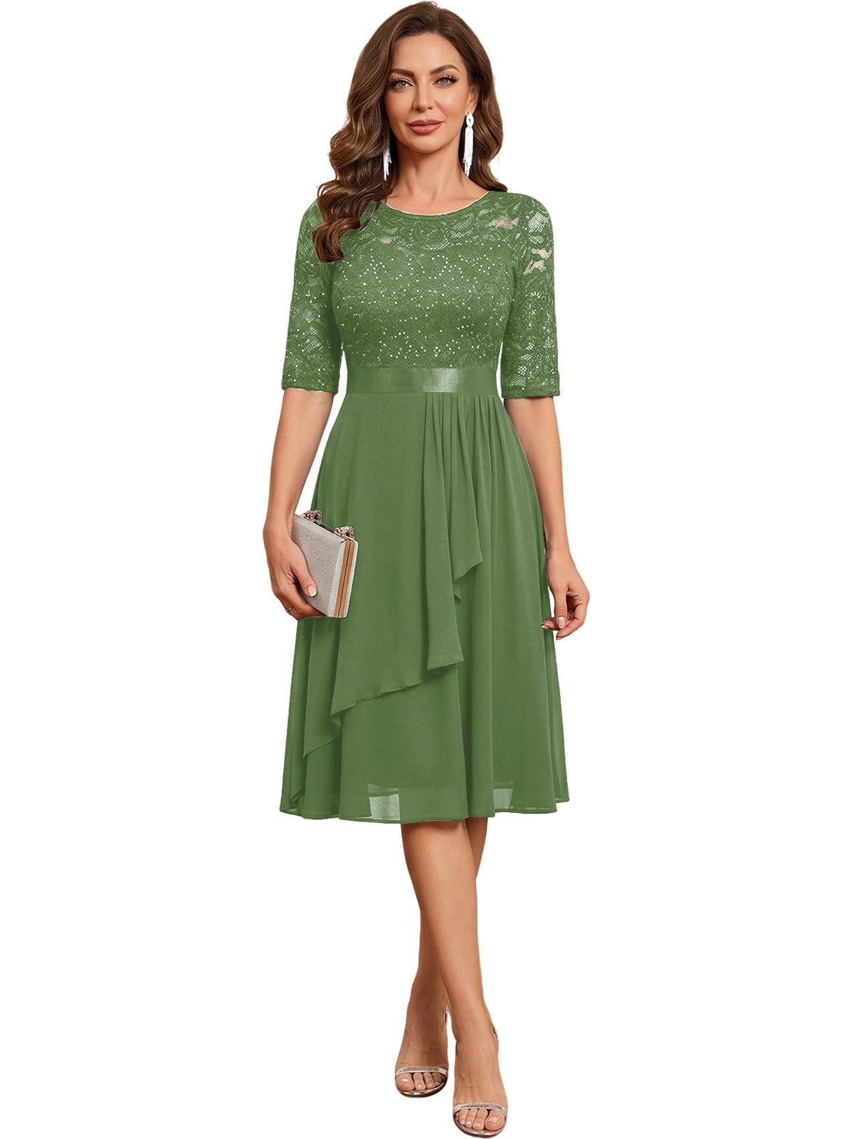 Knee Length Mother of the Bride Dress Sequined Lace Bodice Chiffon Skirt Formal Guest Outfit