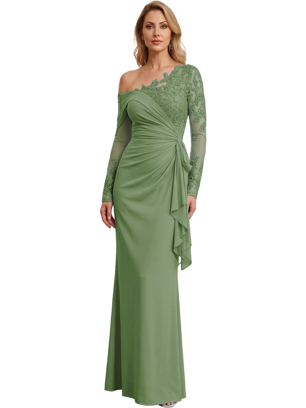One Shoulder Mother of the Bride Gown Long Lace Sleeve Mermaid Dress with Draped Ruffle