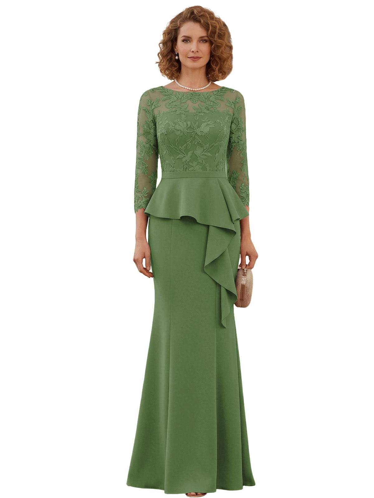 Long Mother of the Bride Dress Lace Illusion Bodice Peplum Mermaid Formal Evening Gown