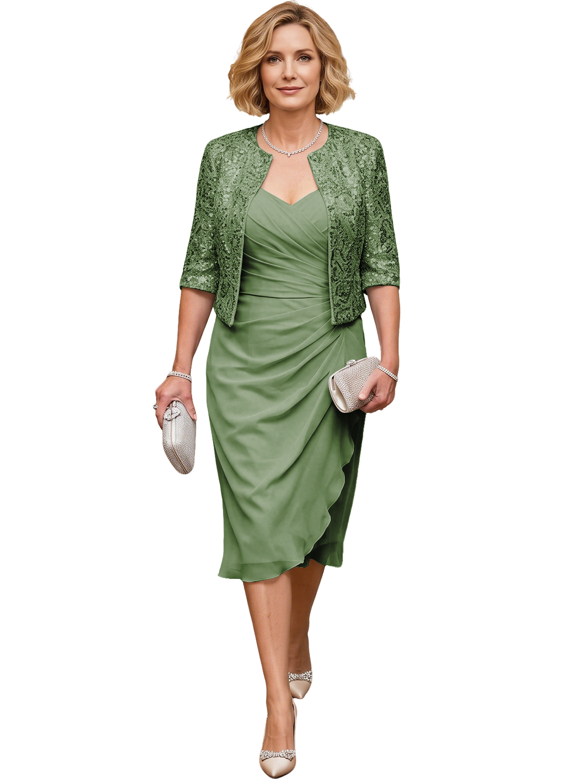 Mother of the Bride Dress with Jacket Tea Length Ruched Chiffon Wedding Guest Outfit