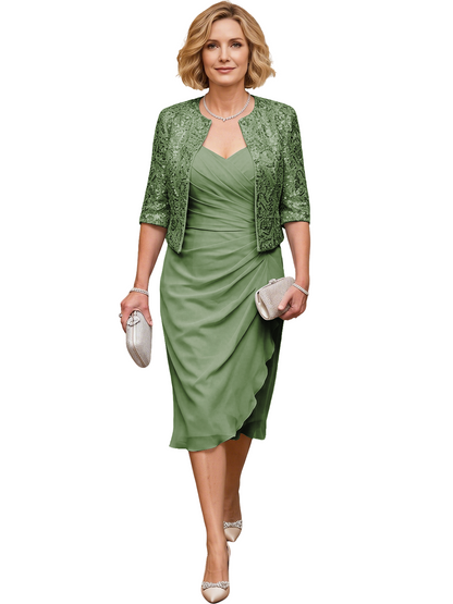 Mother of the Bride Dress with Jacket Tea Length Ruched Chiffon Wedding Guest Outfit