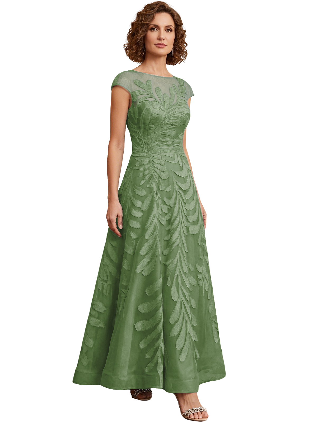 Embroidered Tulle Mother of the Bride Dress Long A-Line Gown with Illusion Cap Sleeves