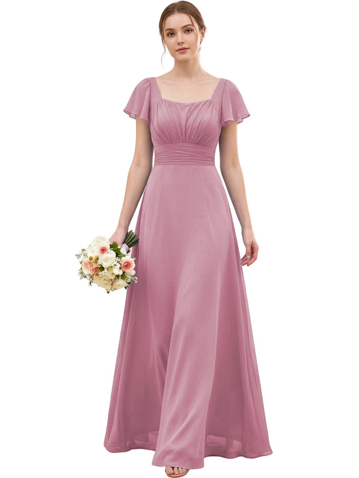 Square Neck Chiffon Bridesmaid Dress with Flutter Sleeves and Lace-Up Back