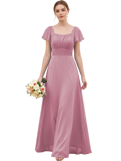 Square Neck Chiffon Bridesmaid Dress with Flutter Sleeves and Lace-Up Back