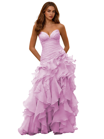 Strapless Organza Ruffle Ball Gown Prom Dress with Draped Corset Bodice