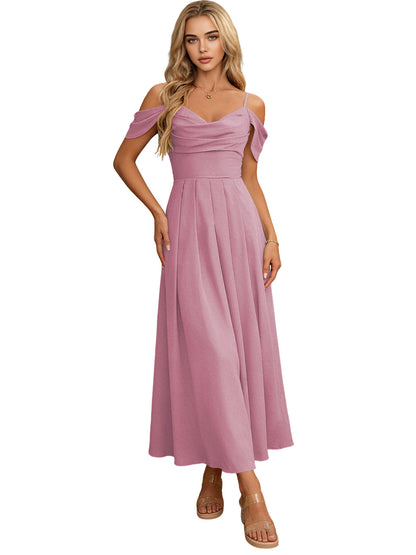 Off Shoulder Midi Bridesmaid Dress with Pleated Bodice and Flowing dress