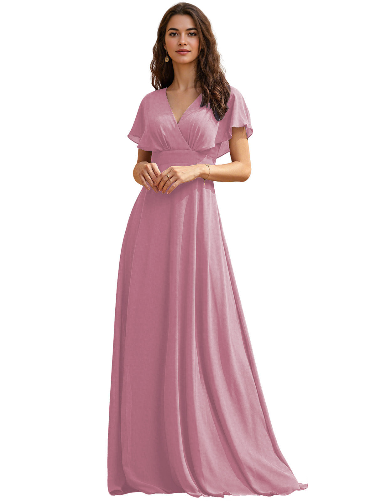 Flutter Sleeve V-Neck Chiffon Bridesmaid Dress with Flowing dress