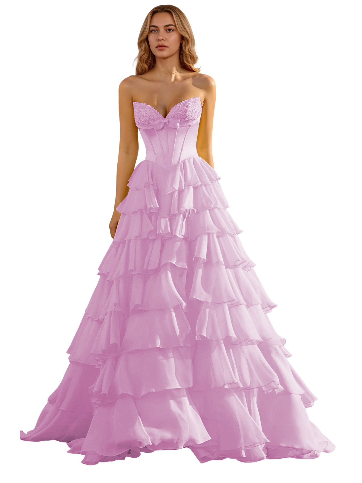 Strapless Tiered Organza Ball Gown Prom Dress with Corset Top