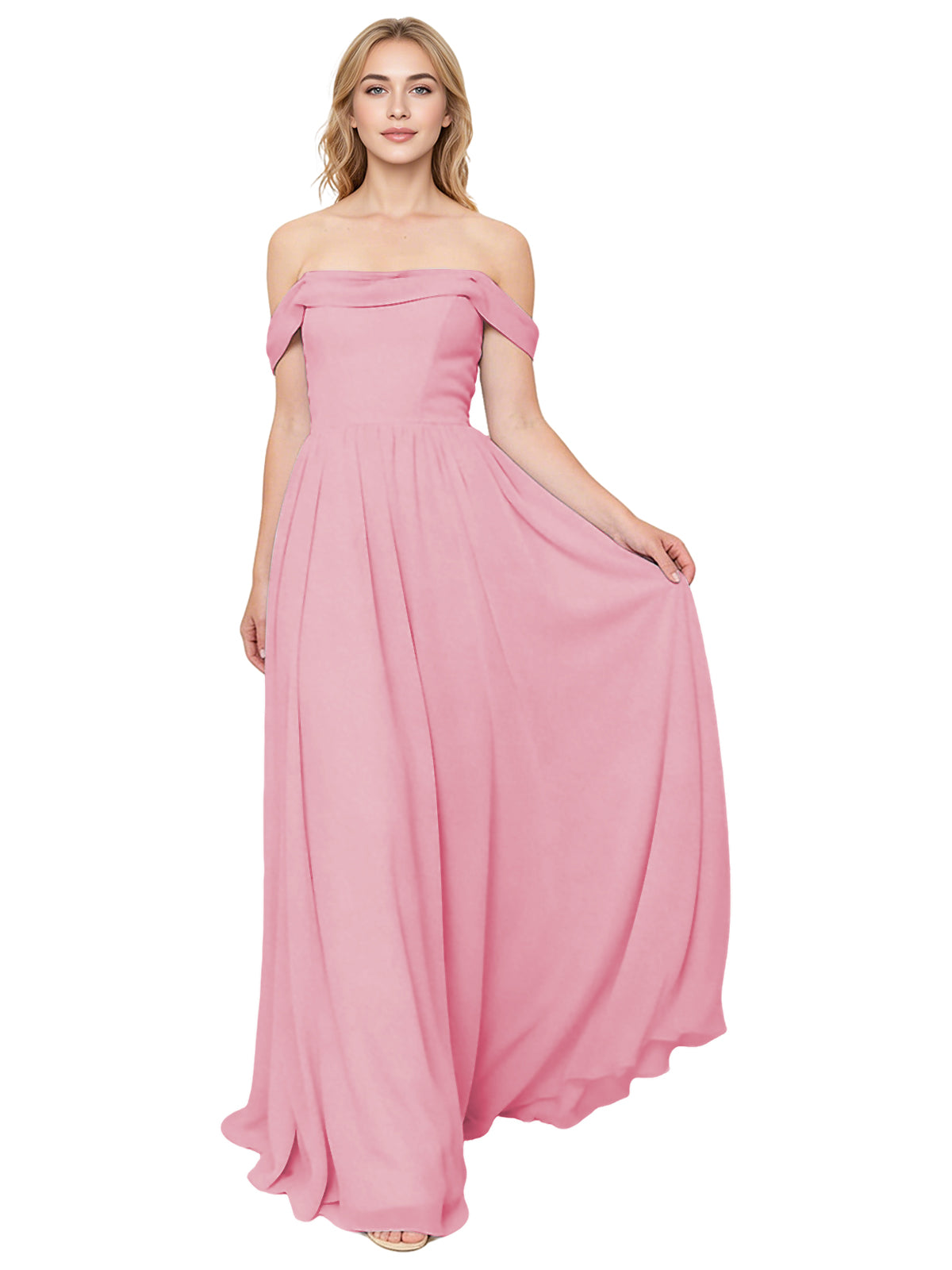 Off Shoulder Pleated Chiffon Bridesmaid Dress with Flowing A-Line Dress