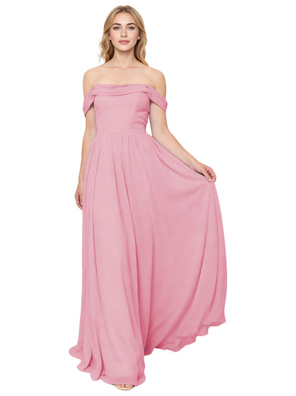 Off Shoulder Pleated Chiffon Bridesmaid Dress with Flowing A-Line Dress