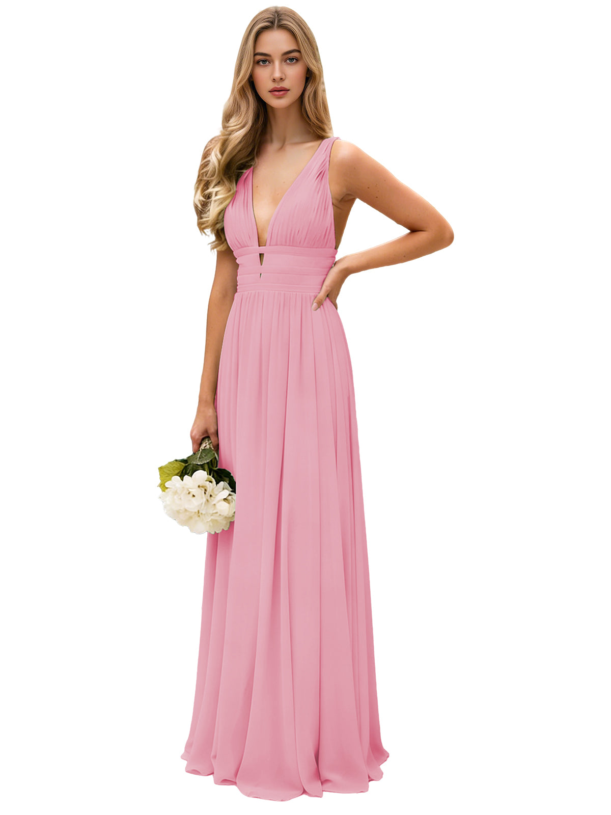 Spaghetti Strap V-Neck Chiffon Bridesmaid Dress with Open Back
