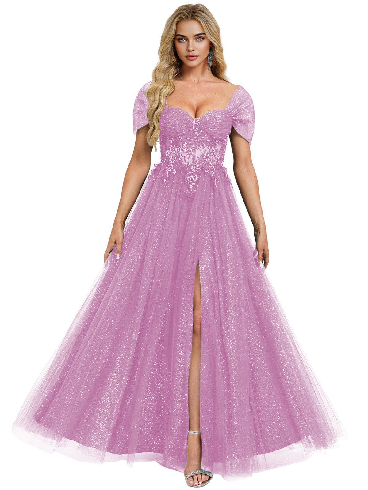 Short Sleeve Glitter Tulle Prom Dress with Illusion Bodice and Slit