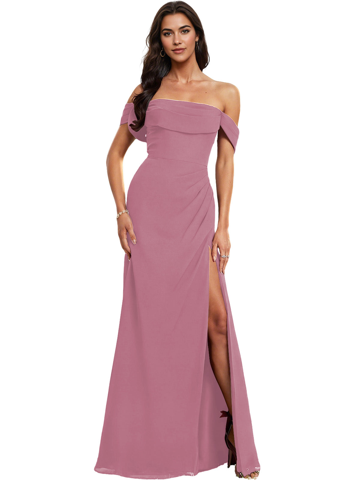 Off Shoulder Crepe Bridesmaid Dress with Foldover Neckline and Slit