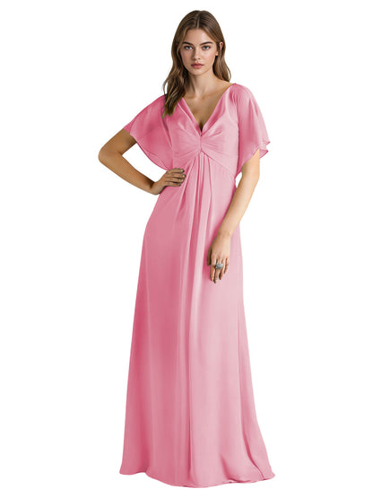 Short Sleeve V-Neck Chiffon Bridesmaid Dress with Gathered Waist