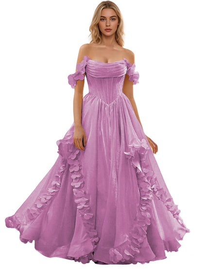 Off Shoulder Ruffle Tulle Ball Gown Prom Dress with Floral Applique