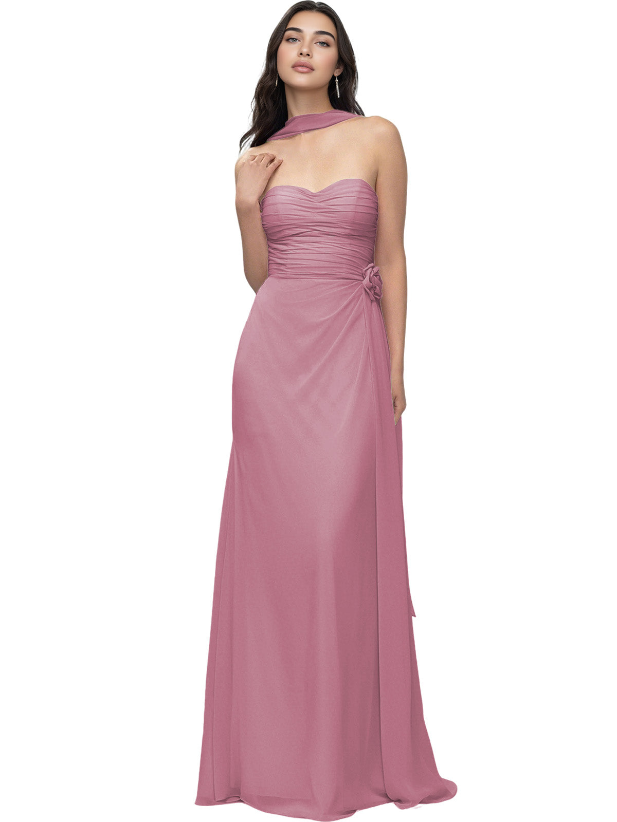 Strapless Chiffon Bridesmaid Dress with Wrapped Bodice and Slit Dress